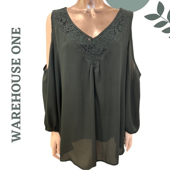 🛍️3/$40 Warehouse One Green Cold Shoulder Blouse Long Sleeve – Plus Size XXXL - Picture 1 of 5